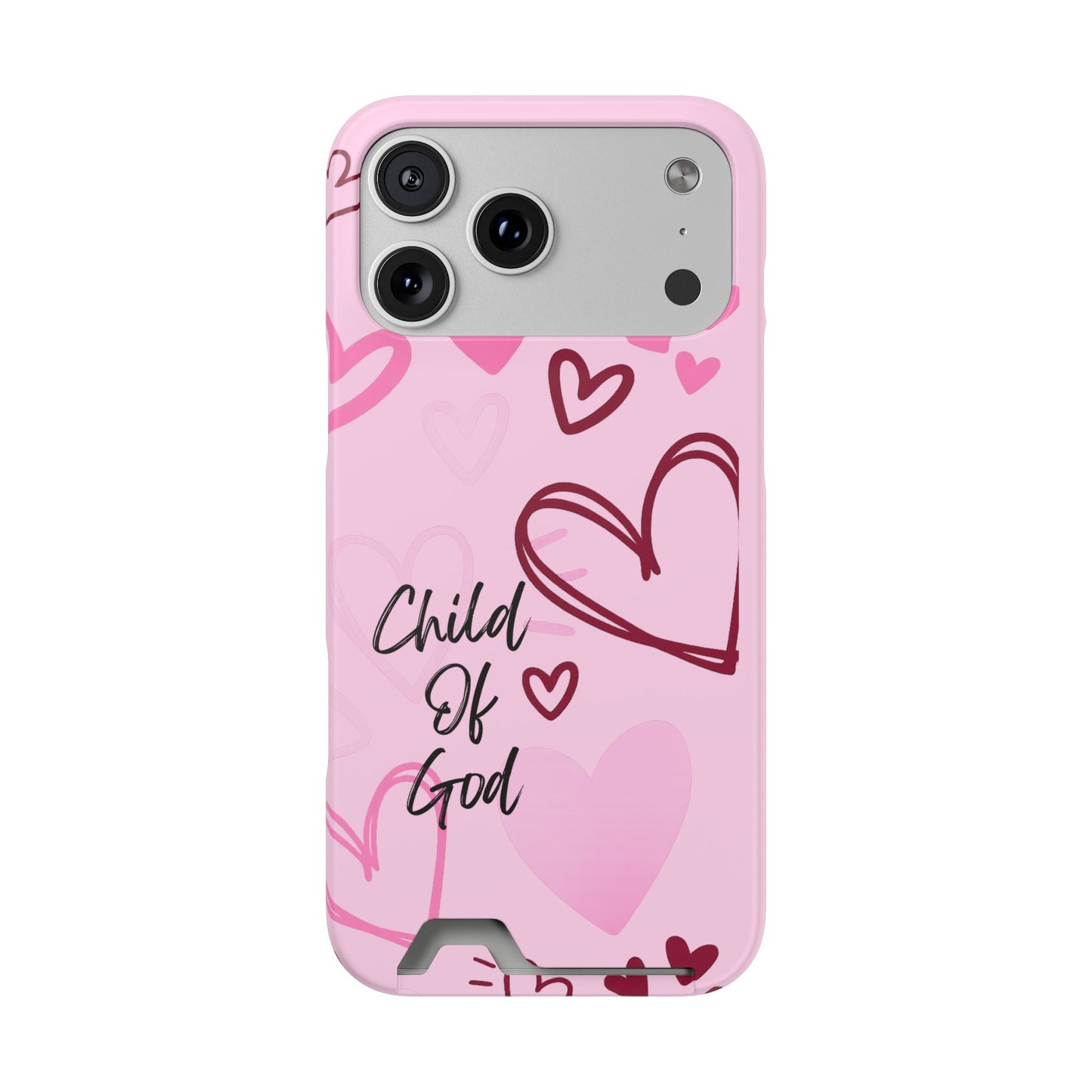 Pink "Child of God" Phone Card Case — Heart Pattern Religious Phone Case with Card Holder