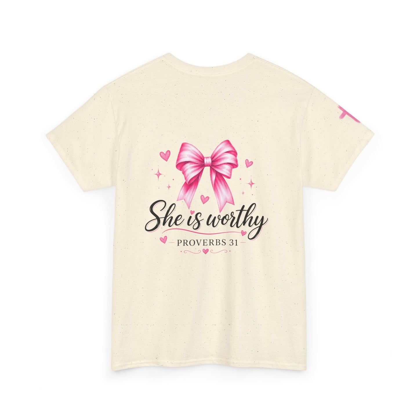 She Is Worthy T-Shirt — "I Know Jesus Loves Me" Pink Bow Christian Tee (Proverbs 31)