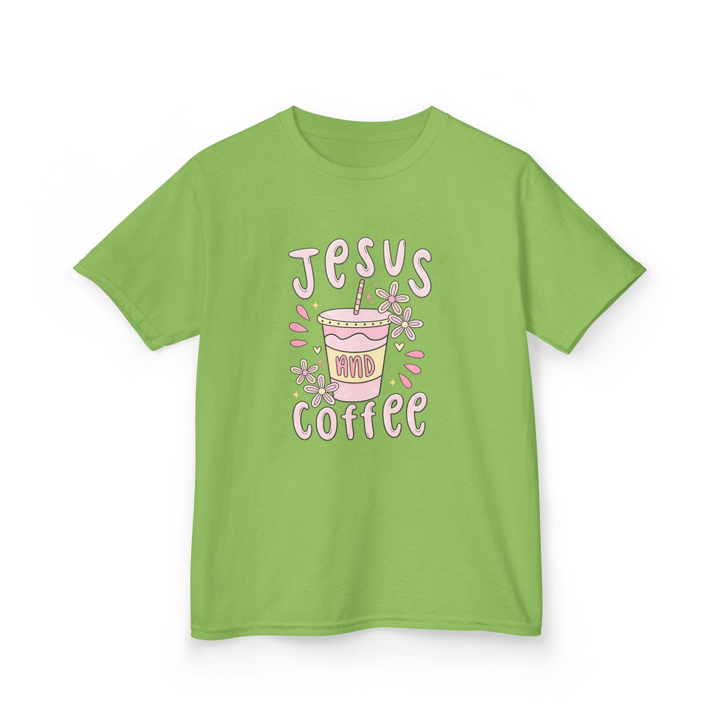 Kids Tee — “Jesus & Coffee” Cute Pastel Faith Graphic