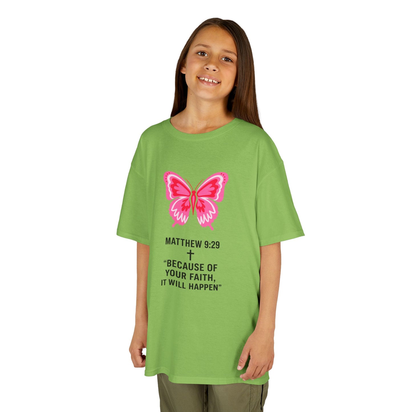 Kids Tee — Pink Butterfly with Matthew 9:29 Inspirational Faith Quote