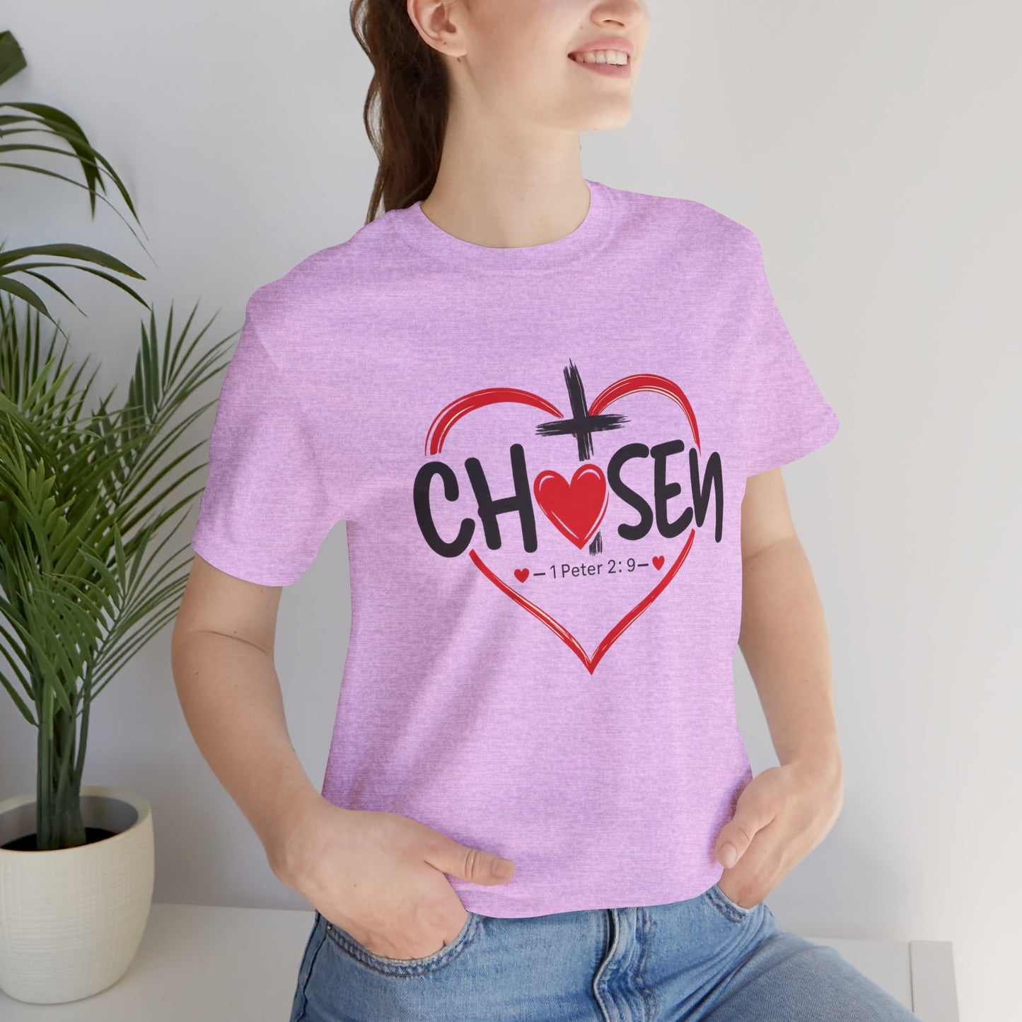 Chosen Heart Christian T-Shirt — "Chosen" with Cross & 1 Peter 2:9 Faith Tee