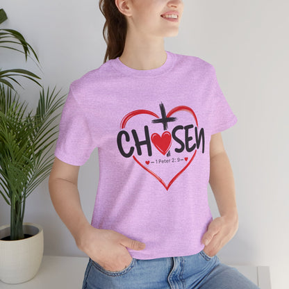 Chosen Heart Christian T-Shirt — "Chosen" with Cross & 1 Peter 2:9 Faith Tee