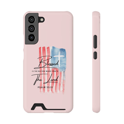 Blessed by the Lord Pink Phone Card Case — Psalm 33:12 Patriotic Christian Phone Case with Card Holder