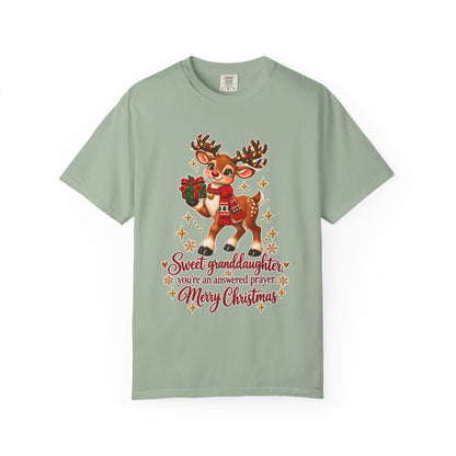 Christmas Reindeer T-Shirt — "Sweet Granddaughter You're an Answered Prayer" Holiday Tee