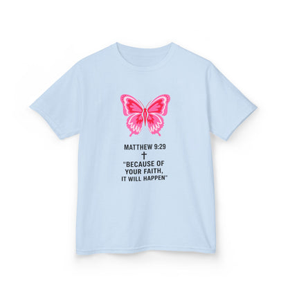 Kids Tee — Pink Butterfly with Matthew 9:29 Inspirational Faith Quote
