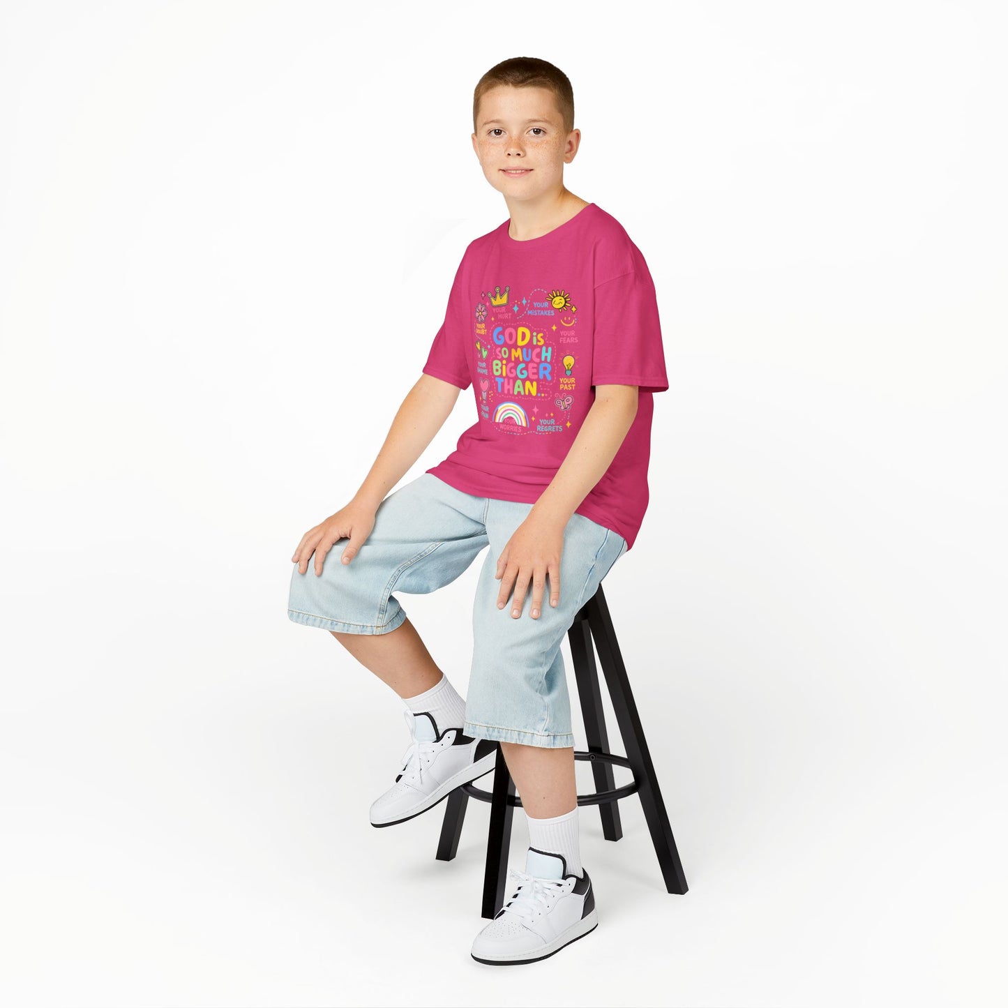 UNISEX Kids Tee — "God Is So Much Bigger Than" Colorful Faith Graphic