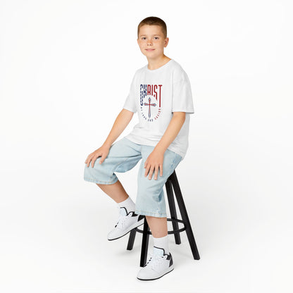 Kids Christian T-Shirt — "Christ Lives Our Hope" Patriotic Cross Tee