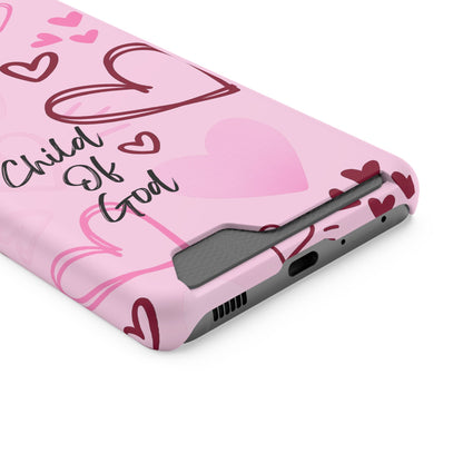 Pink "Child of God" Phone Card Case — Heart Pattern Religious Phone Case with Card Holder