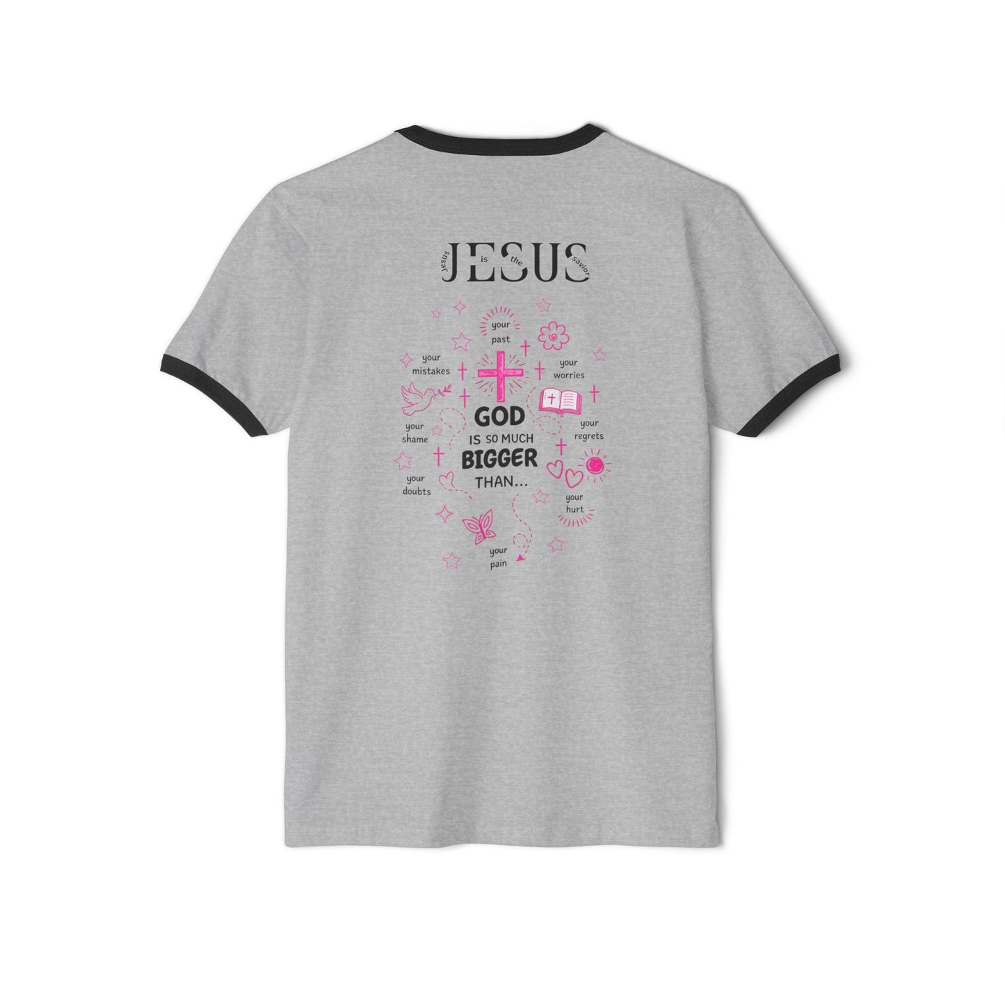 Christian Ringer T-Shirt — 'CHRIST' Front / 'JESUS' Back Religious Tee