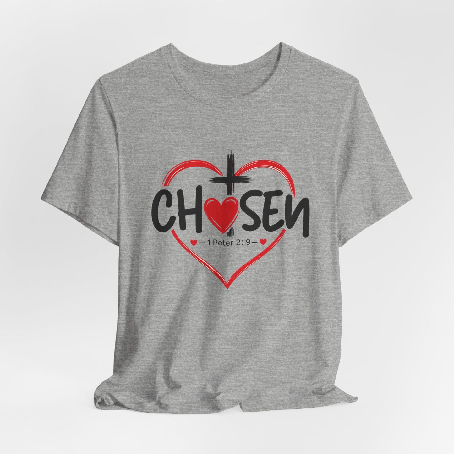 Chosen Heart Christian T-Shirt — "Chosen" with Cross & 1 Peter 2:9 Faith Tee