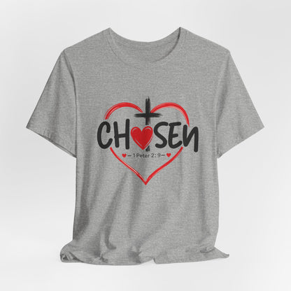 Chosen Heart Christian T-Shirt — "Chosen" with Cross & 1 Peter 2:9 Faith Tee