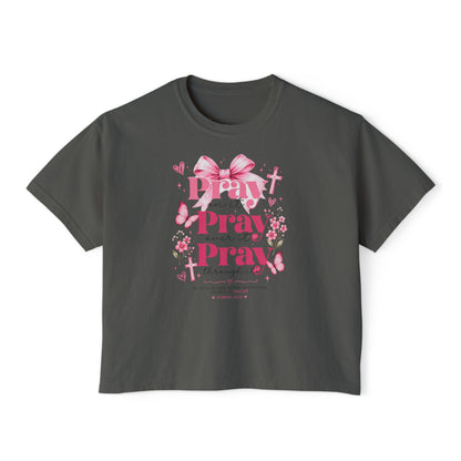 Pray Pray Pray Women's Boxy Tee — Pink Faith Floral Graphic