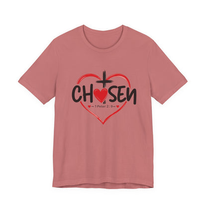 Chosen Heart Christian T-Shirt — "Chosen" with Cross & 1 Peter 2:9 Faith Tee