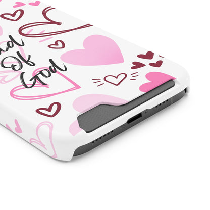 Phone Case — "Child of God" Card Holder Case, Pink Hearts Christian Phone Cover