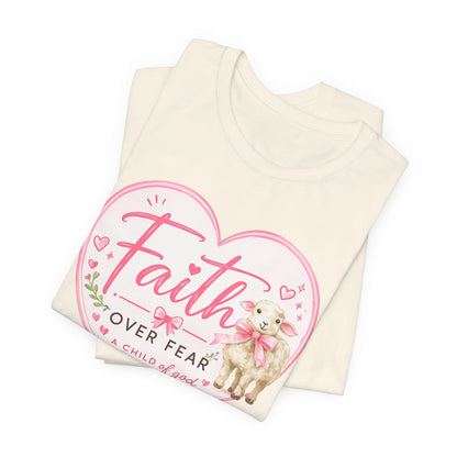 Faith Over Fear Heart T‑Shirt — Pink Floral Lamb Christian Tee