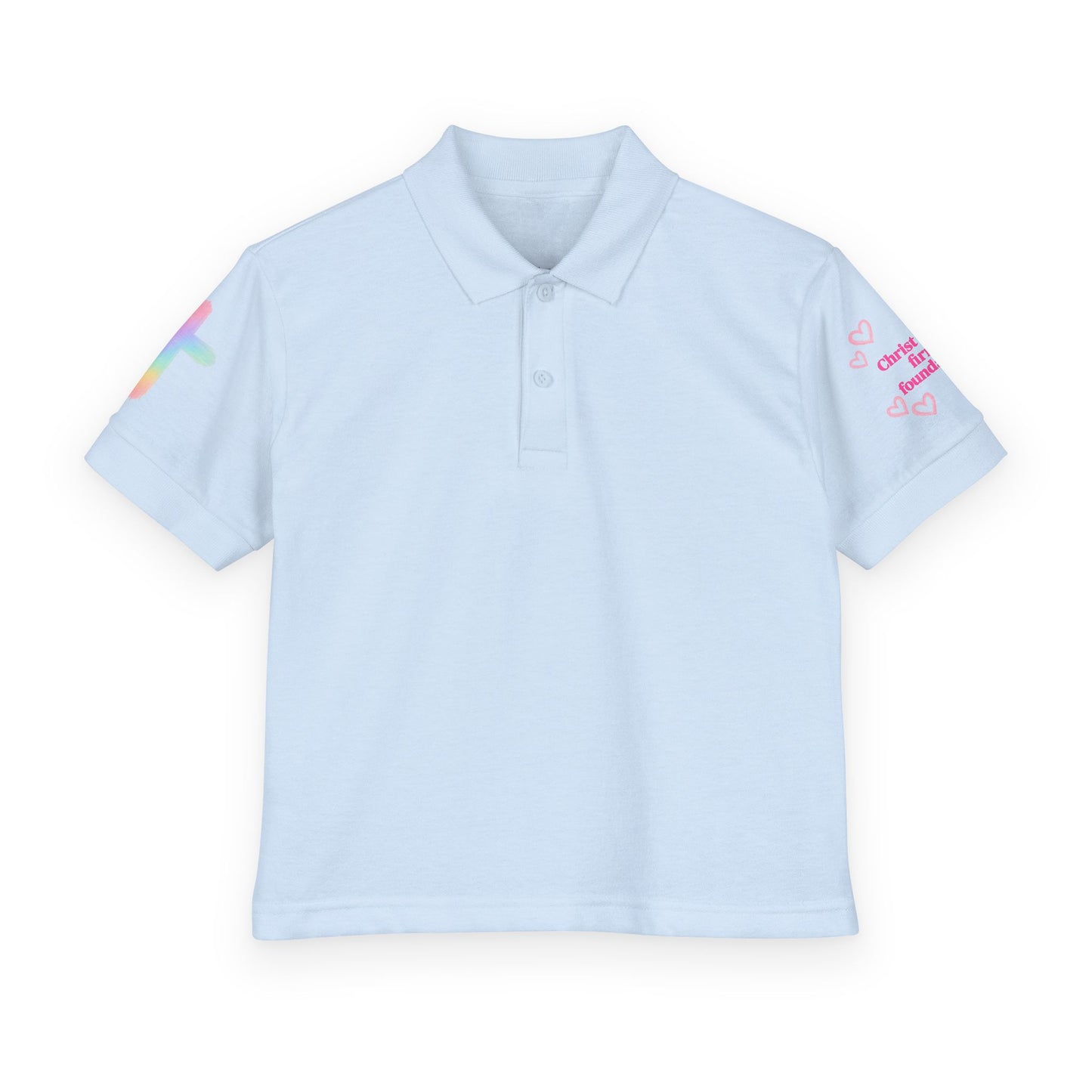 Youth Polo Shirt — Pink Floral Flamingo Kids' Polo (Hearts & Colorful Sleeves)