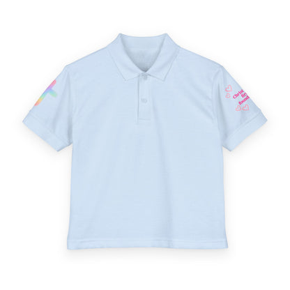 Youth Polo Shirt — Pink Floral Flamingo Kids' Polo (Hearts & Colorful Sleeves)