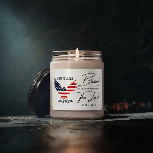 God Bless America Soy Candle — Patriotic Psalm 33:12 Scented 9oz Jar