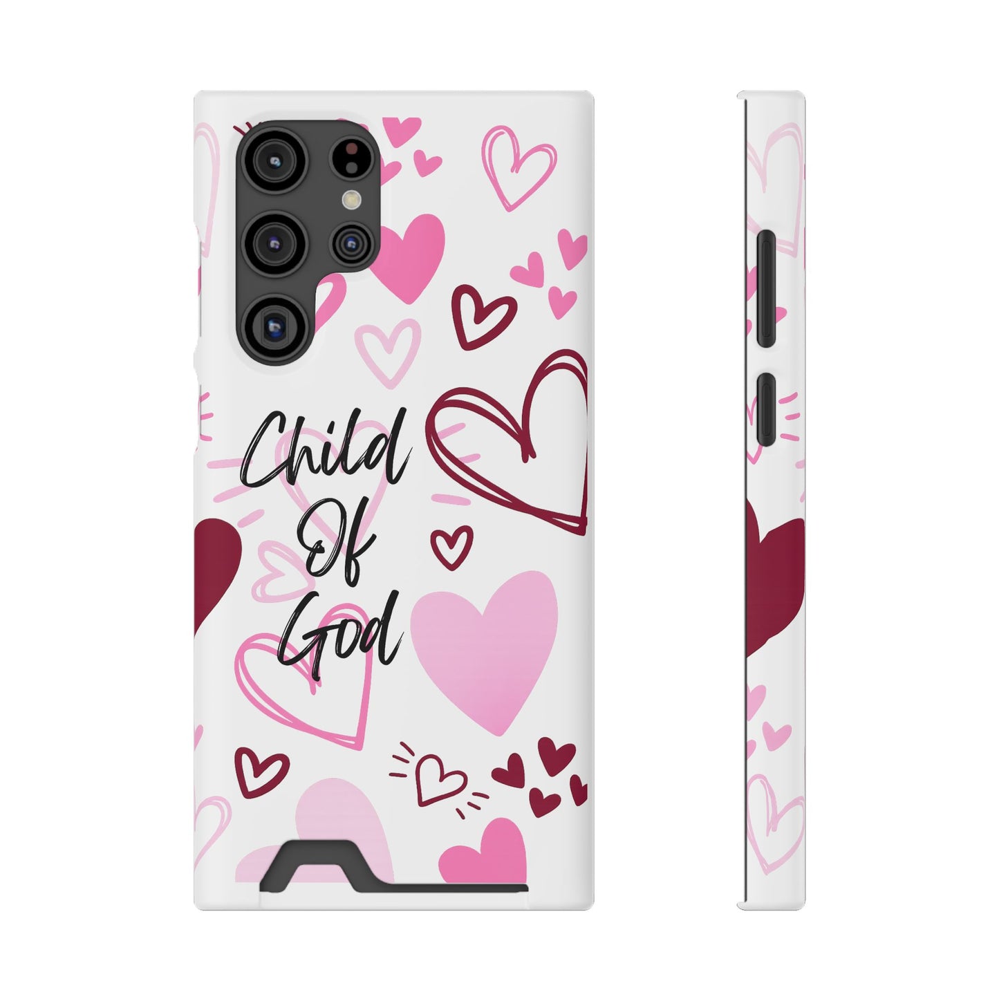 Phone Case — "Child of God" Card Holder Case, Pink Hearts Christian Phone Cover