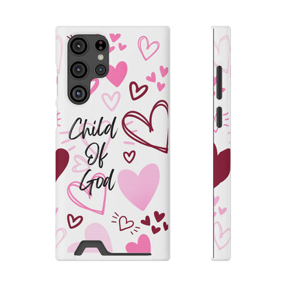Phone Case — "Child of God" Card Holder Case, Pink Hearts Christian Phone Cover