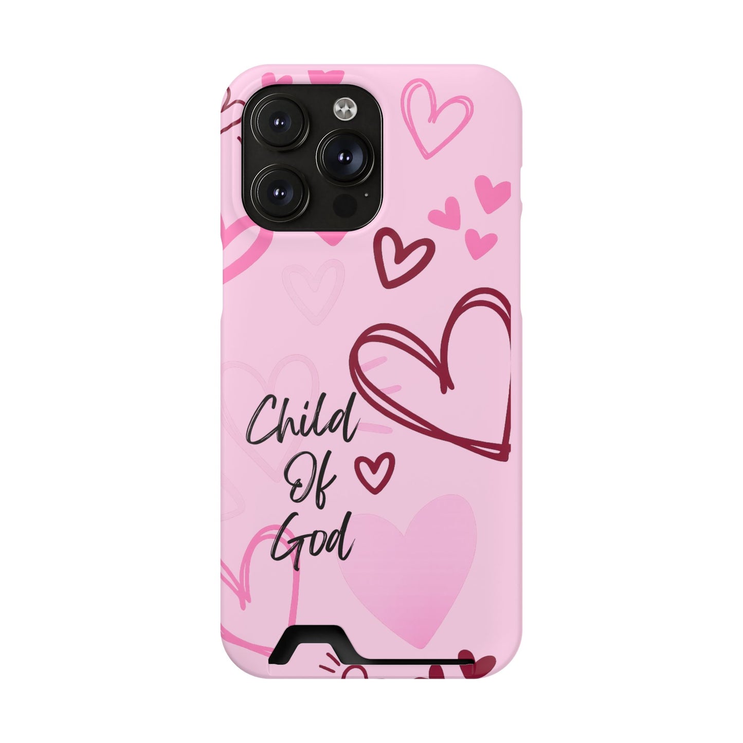 Pink "Child of God" Phone Card Case — Heart Pattern Religious Phone Case with Card Holder