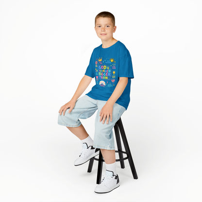 UNISEX Kids Tee — "God Is So Much Bigger Than" Colorful Faith Graphic