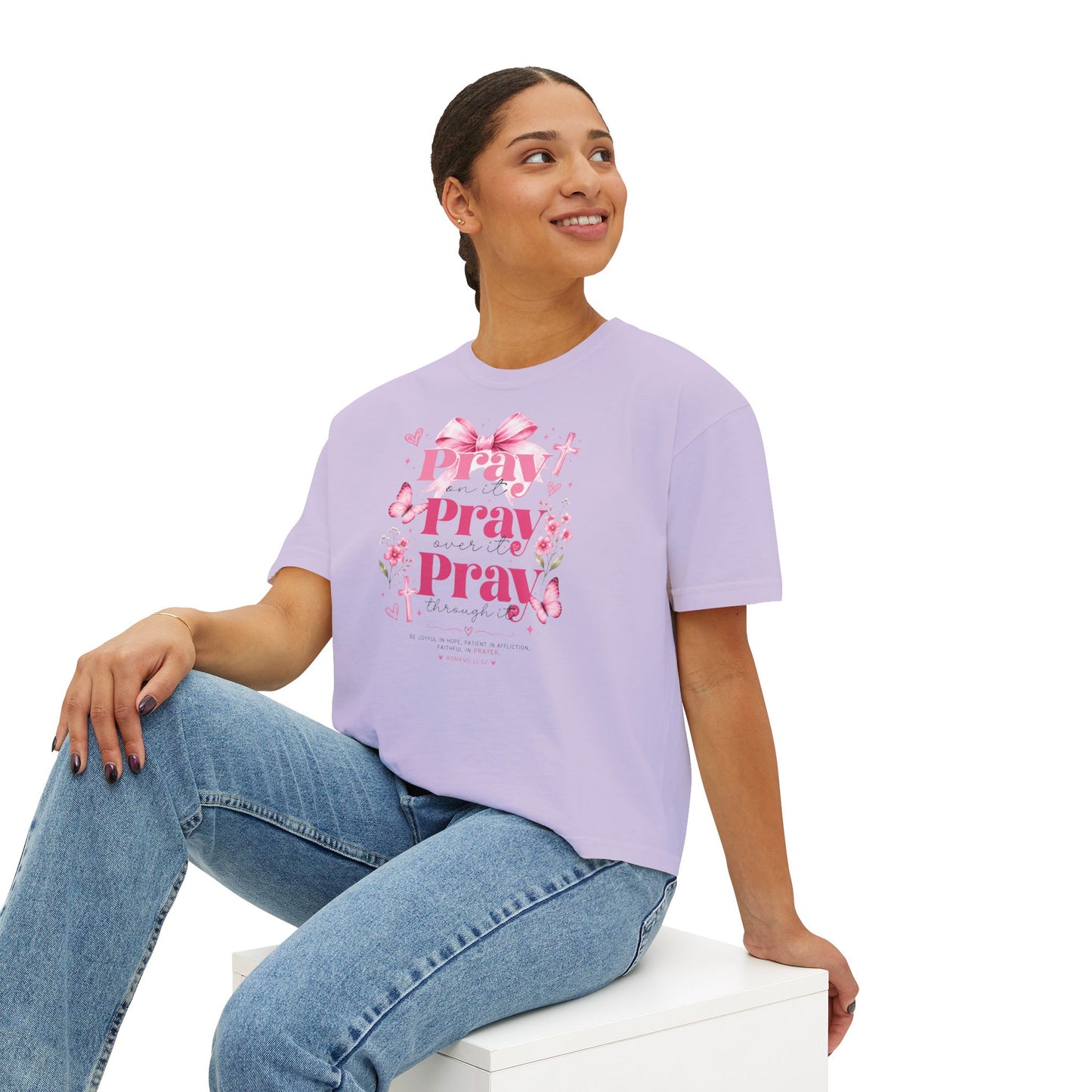 Pray Pray Pray Women's Boxy Tee — Pink Faith Floral Graphic
