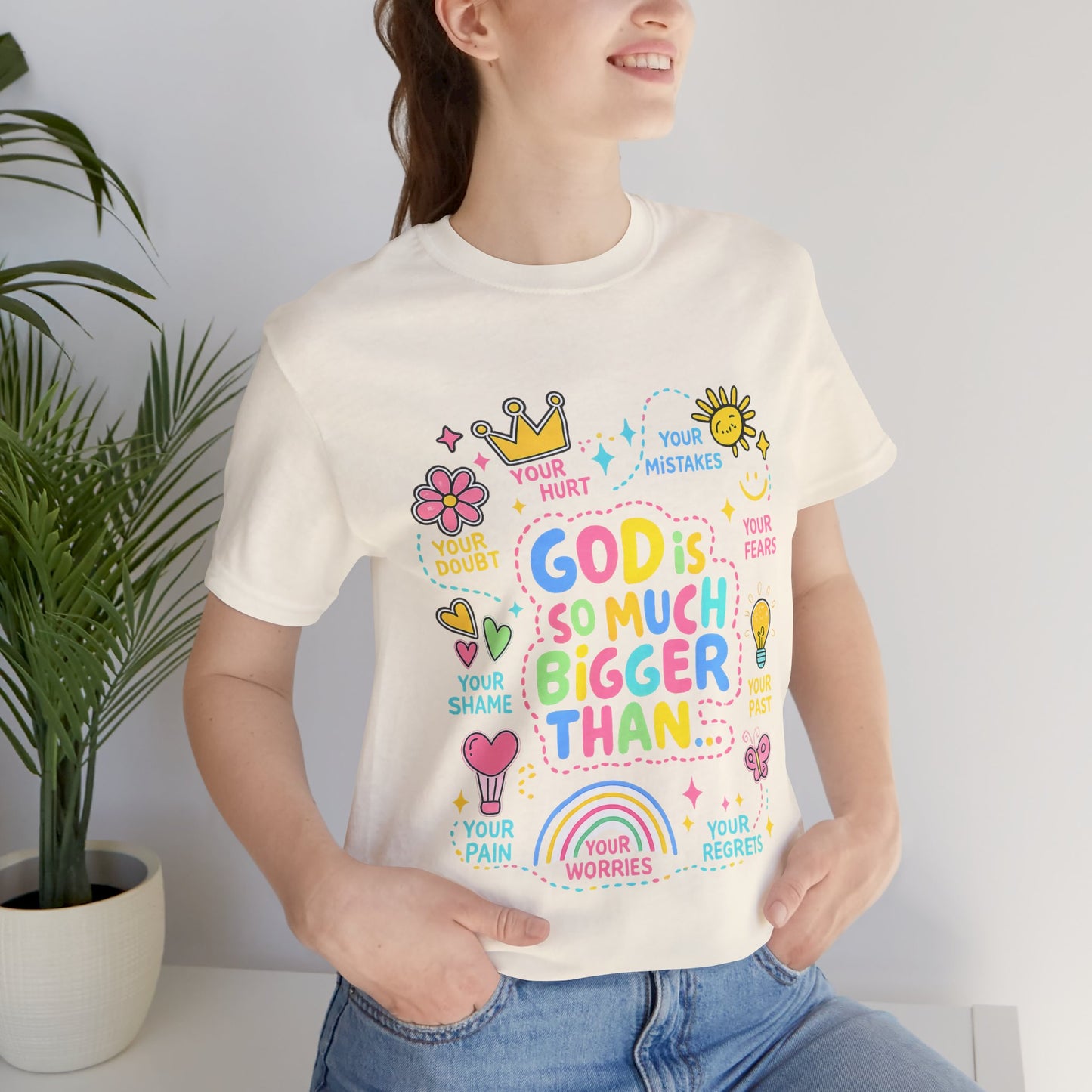 Christian T‑Shirt — "God Is So Much Bigger Than..." Pastel Faith Tee