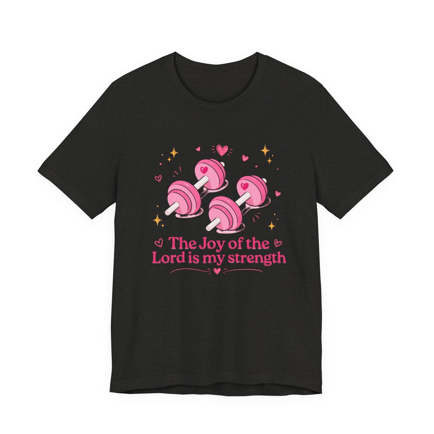 Christian Fitness T-Shirt — “The Joy of the Lord is My Strength” Pink Dumbbells Tee
