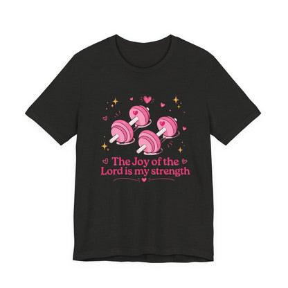 Christian Fitness T-Shirt — “The Joy of the Lord is My Strength” Pink Dumbbells Tee