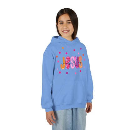 Youth Hoodie — “Jesus” Colorful Polka Dot Christian Pullover
