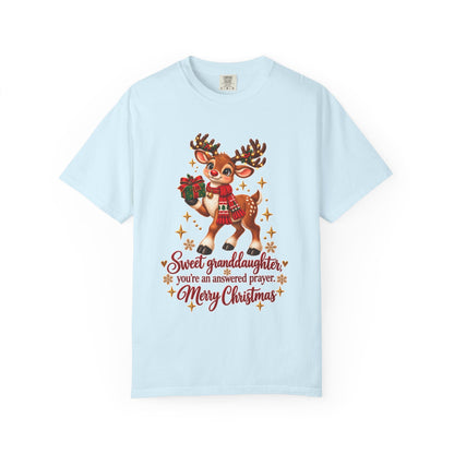 Christmas Reindeer T-Shirt — "Sweet Granddaughter You're an Answered Prayer" Holiday Tee