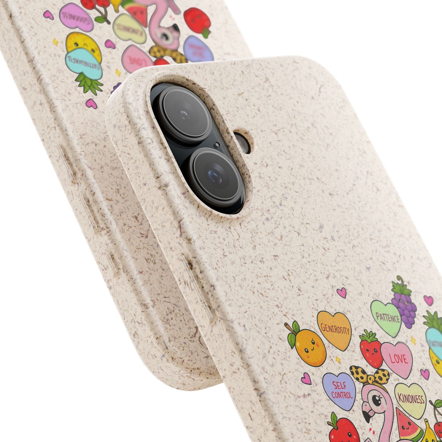 Biodegradable Phone Case — Cute Flamingo & Fruit Hearts "Fruity Love" Eco-Friendly iPhone Cover