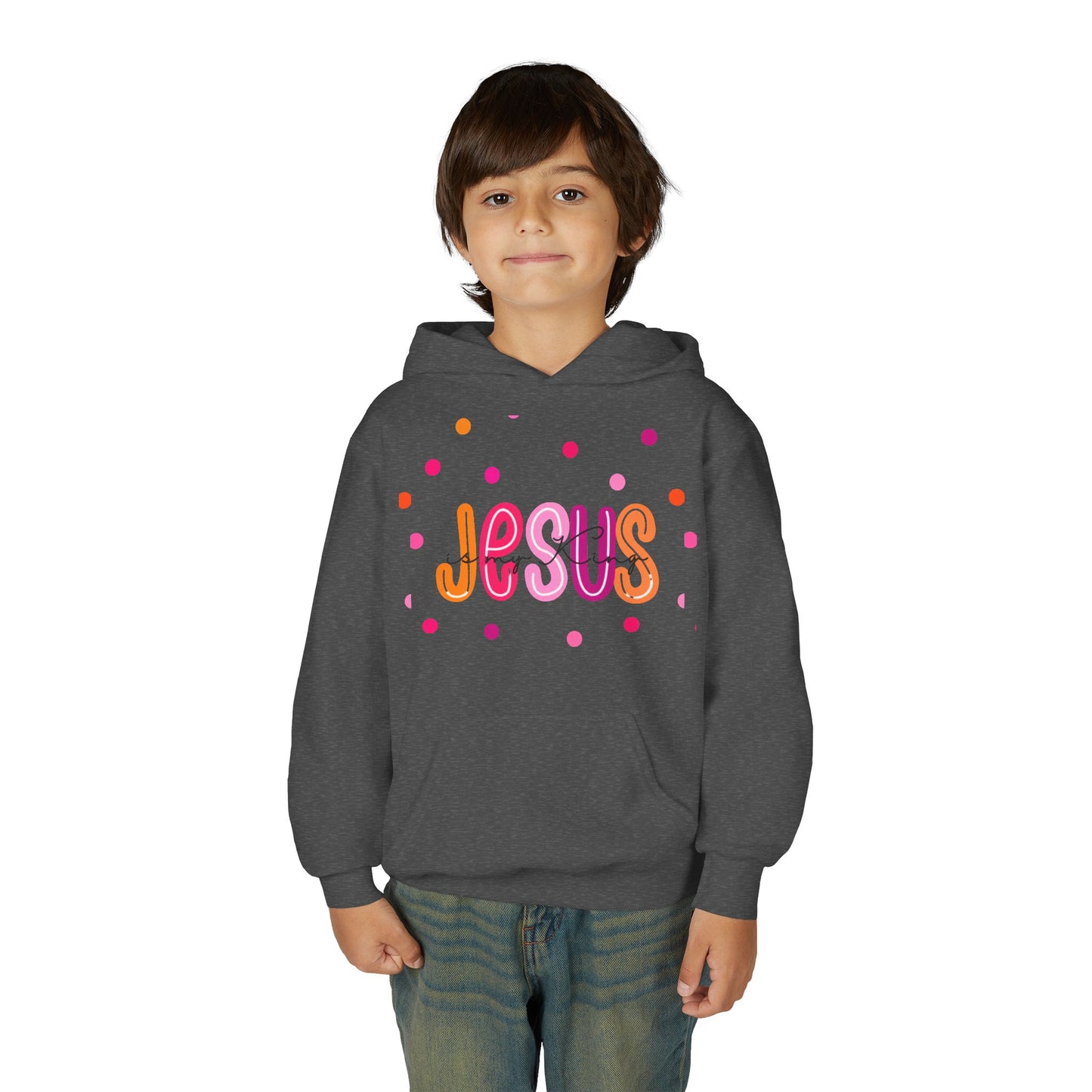 Youth Hoodie — “Jesus” Colorful Polka Dot Christian Pullover