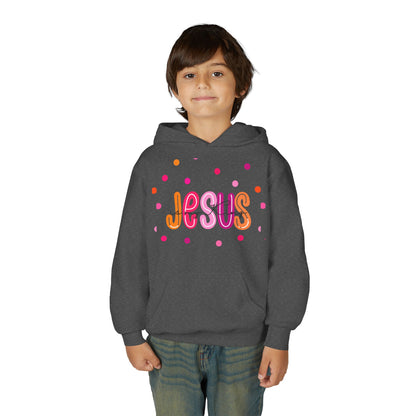 Youth Hoodie — “Jesus” Colorful Polka Dot Christian Pullover