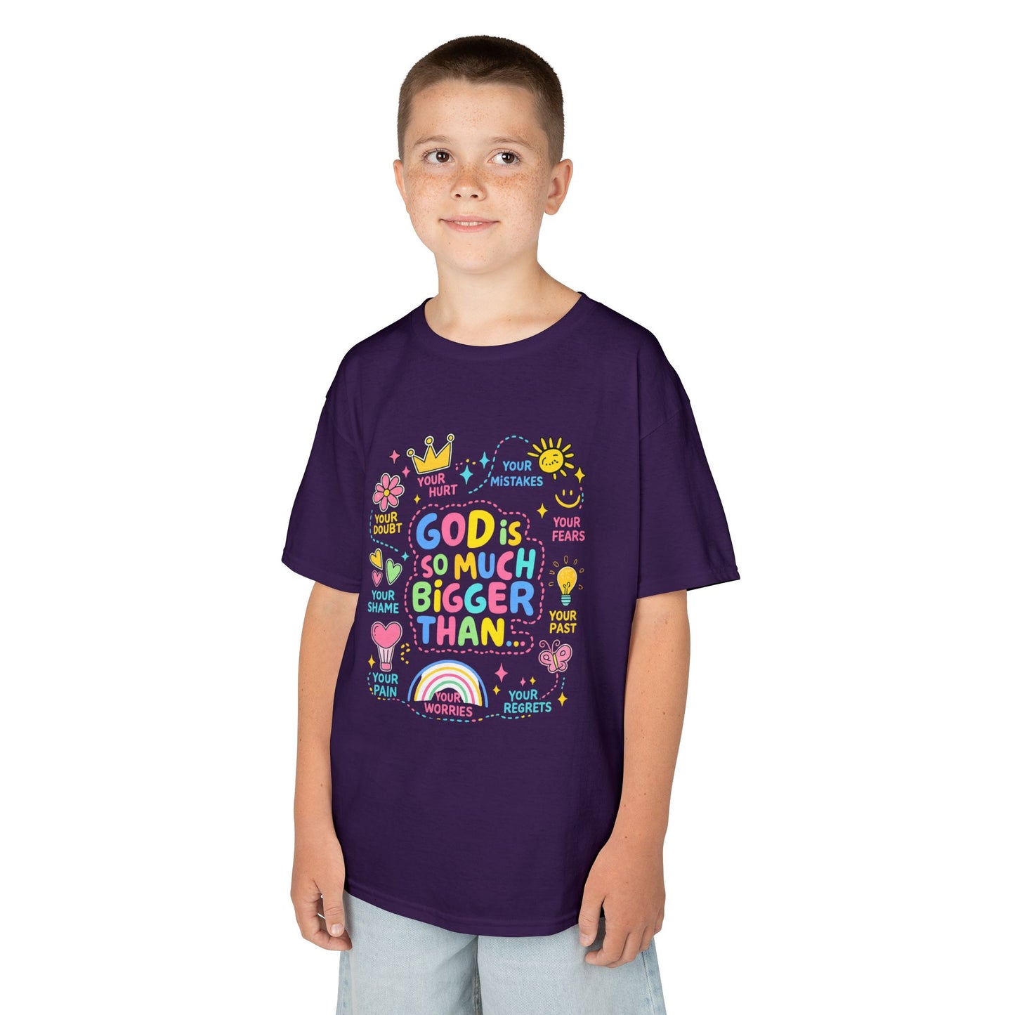 UNISEX Kids Tee — "God Is So Much Bigger Than" Colorful Faith Graphic