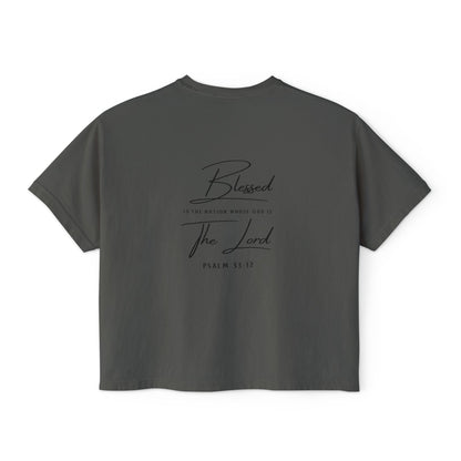 Blessed Tee — Women’s Boxy Christian T-Shirt with Flag Cross (Psalm 33:12)