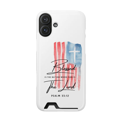 Christian Phone Case with Card Holder — "Blessed The Lord" Psalm 33:12 Patriotic Cross Design
