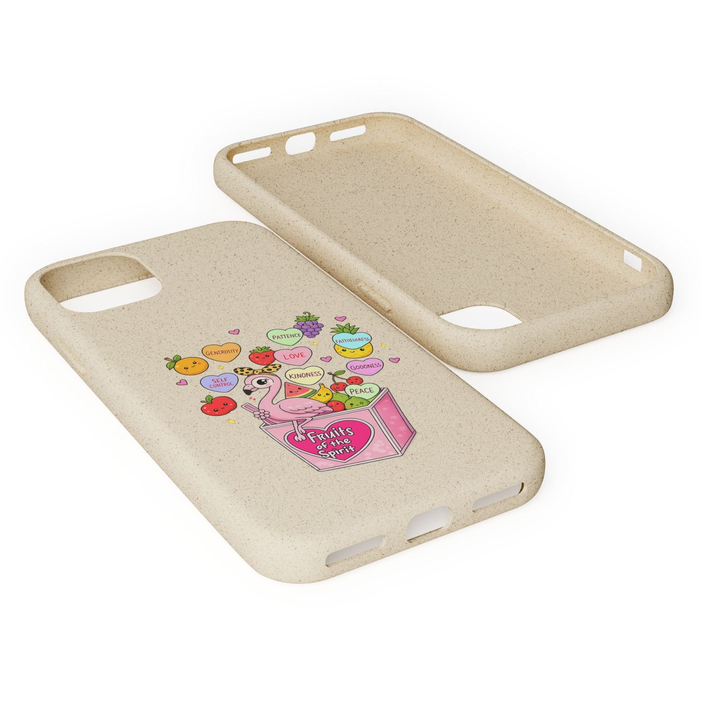 Biodegradable Phone Case — Cute Flamingo & Fruit Hearts "Fruity Love" Eco-Friendly iPhone Cover