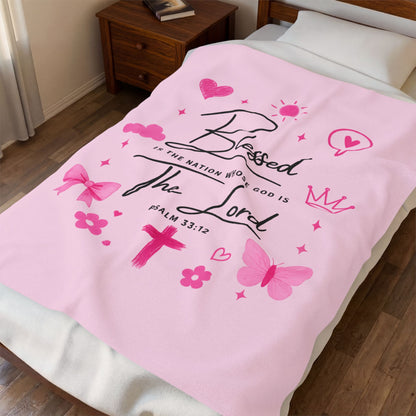 Blessed by the Lord Velveteen Plush Blanket — Pink Christian Scripture Psalm 33:12 Throw
