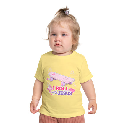 Baby T-Shirt - "I Roll with Jesus" Pink Skateboard Christian Infant Tee