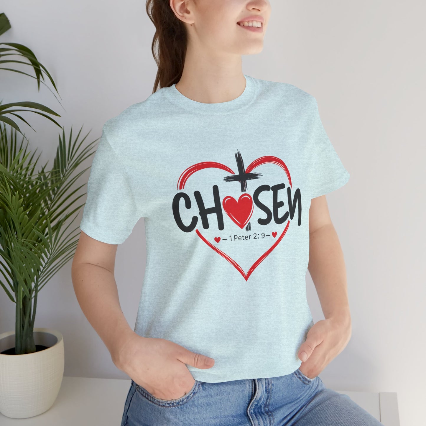 Chosen Heart Christian T-Shirt — "Chosen" with Cross & 1 Peter 2:9 Faith Tee