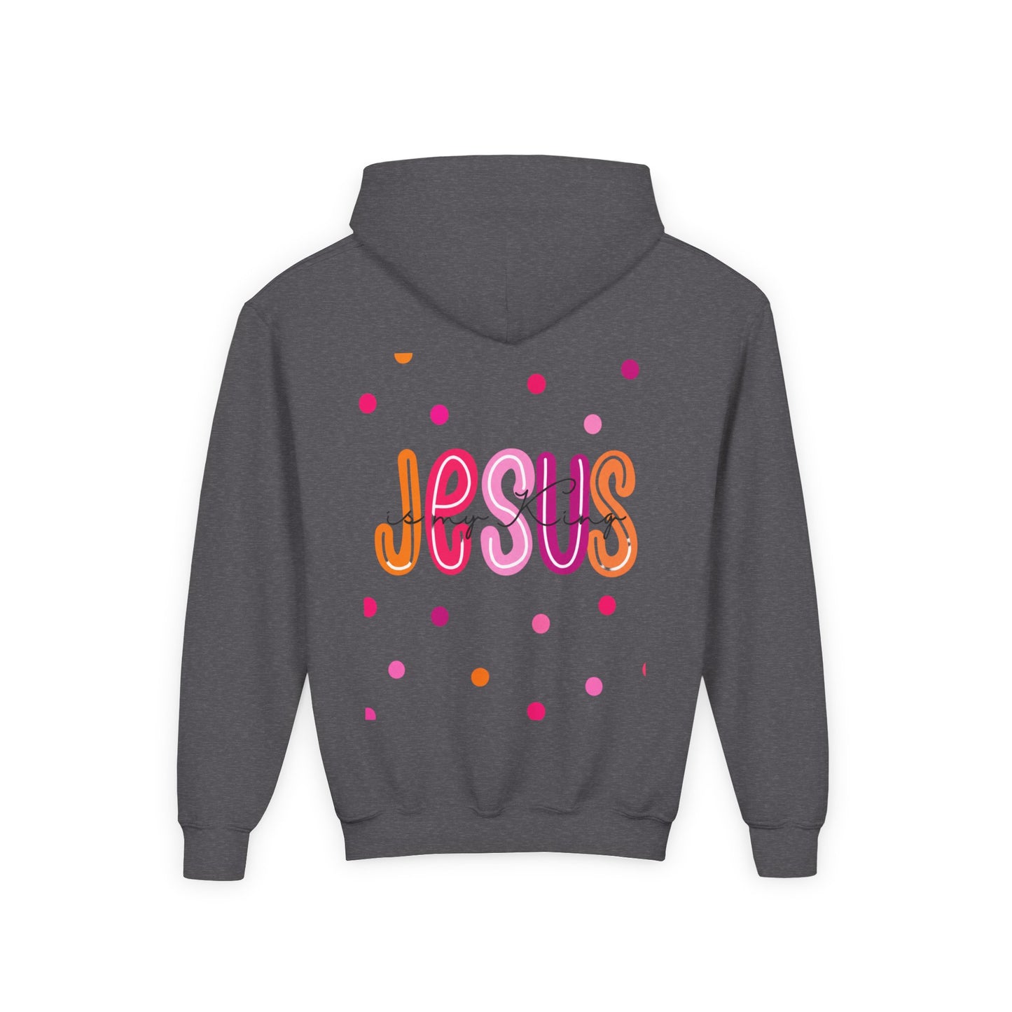 Youth Hoodie — “Jesus” Colorful Polka Dot Christian Pullover