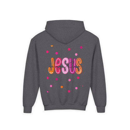 Youth Hoodie — “Jesus” Colorful Polka Dot Christian Pullover