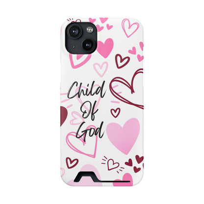 Phone Case — "Child of God" Card Holder Case, Pink Hearts Christian Phone Cover