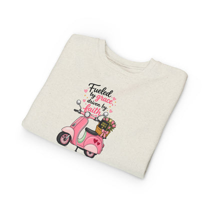 Toddlers' Faith Sweatshirt — "Fueled by Grace, Driven by Faith" Pink Scooter