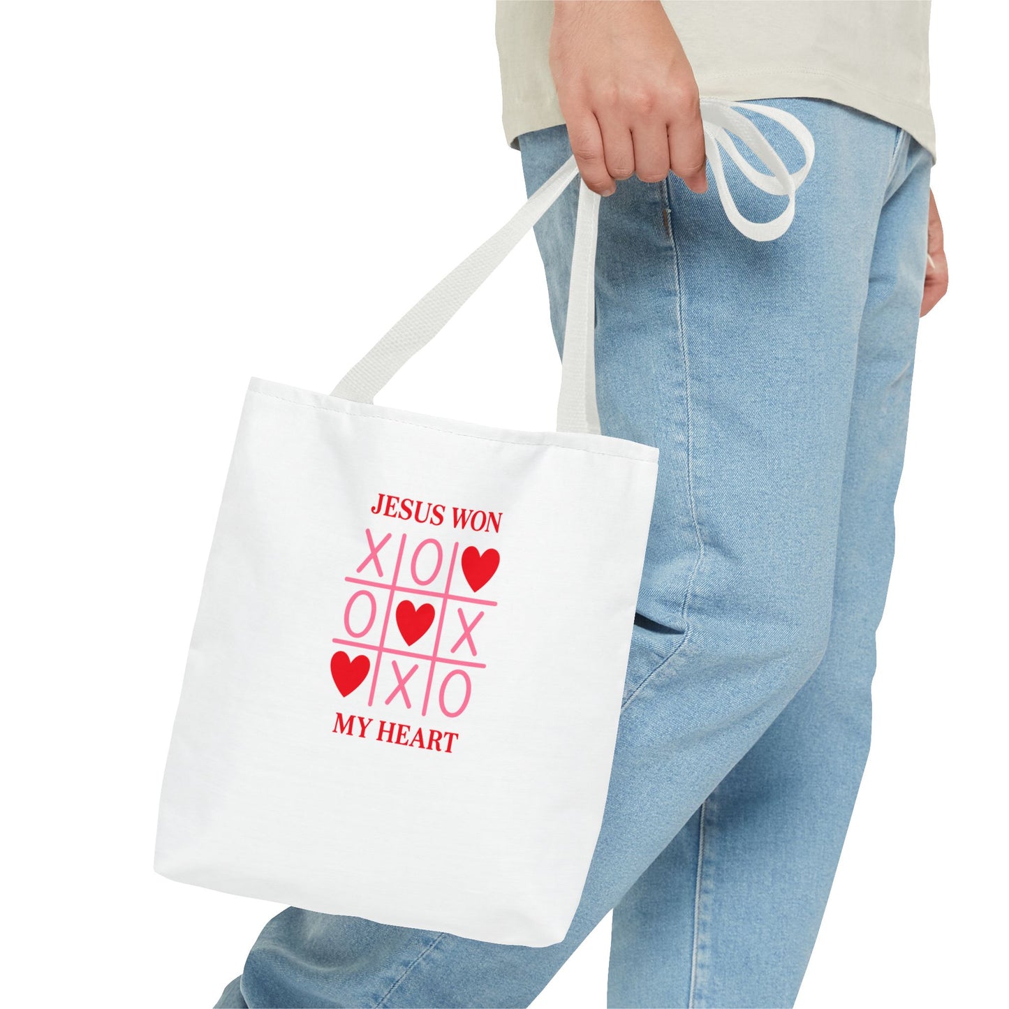 Tote Bag — "Jesus Won My Heart" Christian Scripture Heart Tic‑Tac‑Toe Design