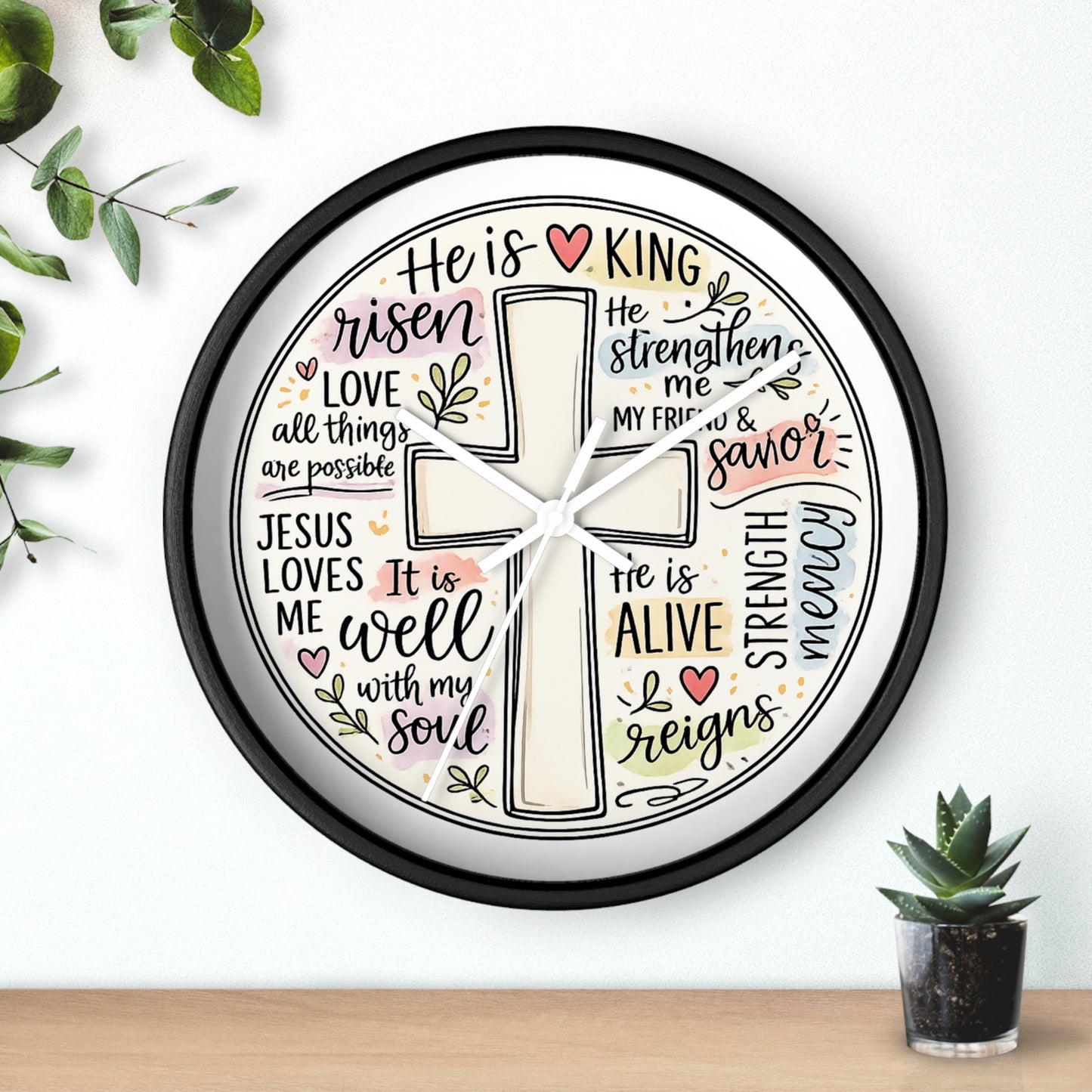 Christian Cross Wall Clock — Inspirational Scripture Quote Home Decor (He is Risen • It Is Well • Jesus Loves Me)