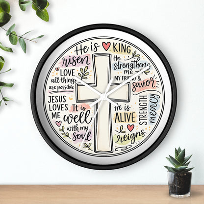 Christian Cross Wall Clock — Inspirational Scripture Quote Home Decor (He is Risen • It Is Well • Jesus Loves Me)