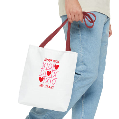 Tote Bag — "Jesus Won My Heart" Christian Scripture Heart Tic‑Tac‑Toe Design